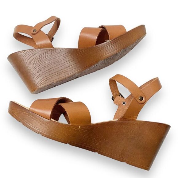 Mariella Women’s Leather Ankle Strap Wooden Wedge Cross Straps Tan Sandal Sz 10M - Picture 4 of 9